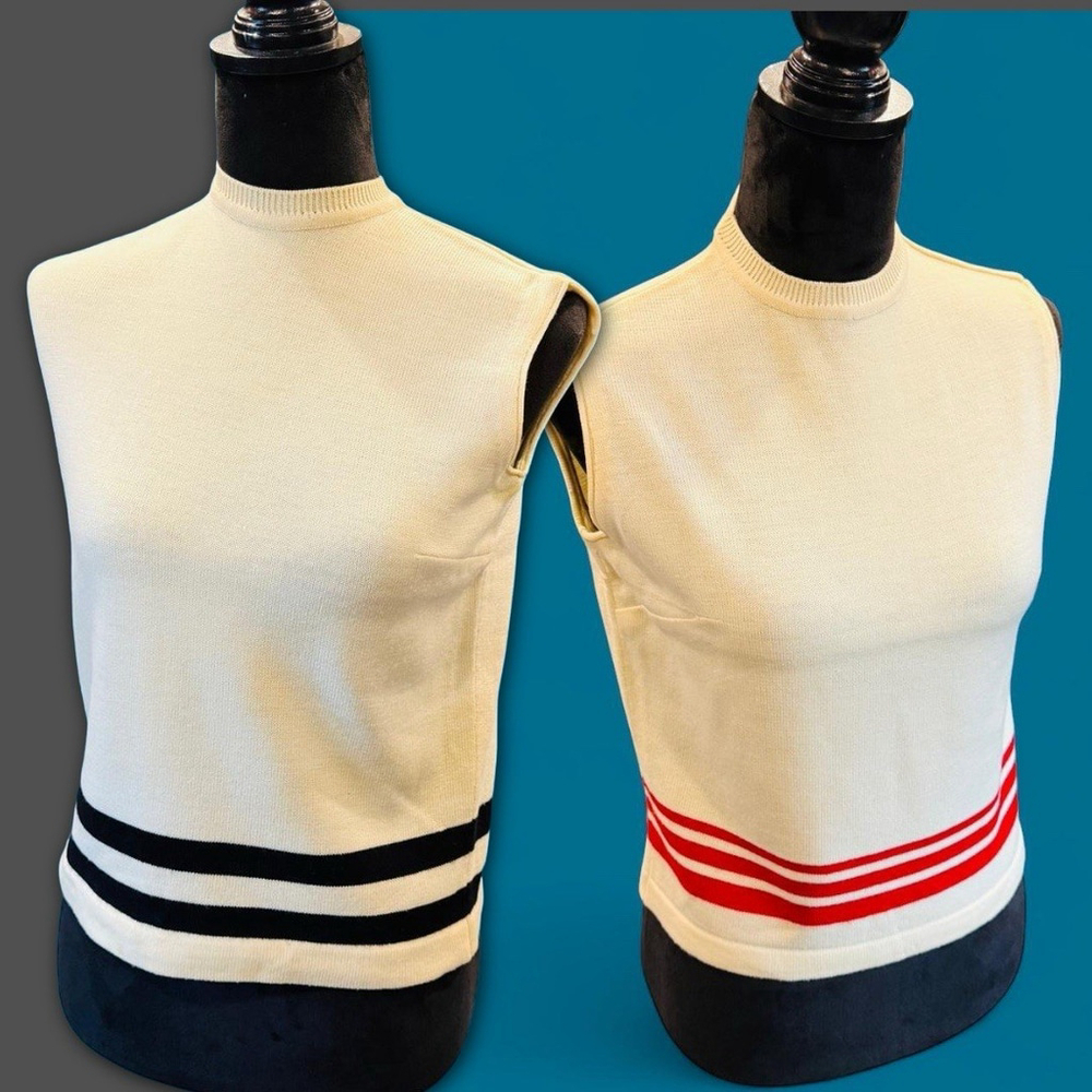2 x VTG 60s Preppy Knit Sleeveless Mod Tops Set Cream Stripe Button Neck Retro